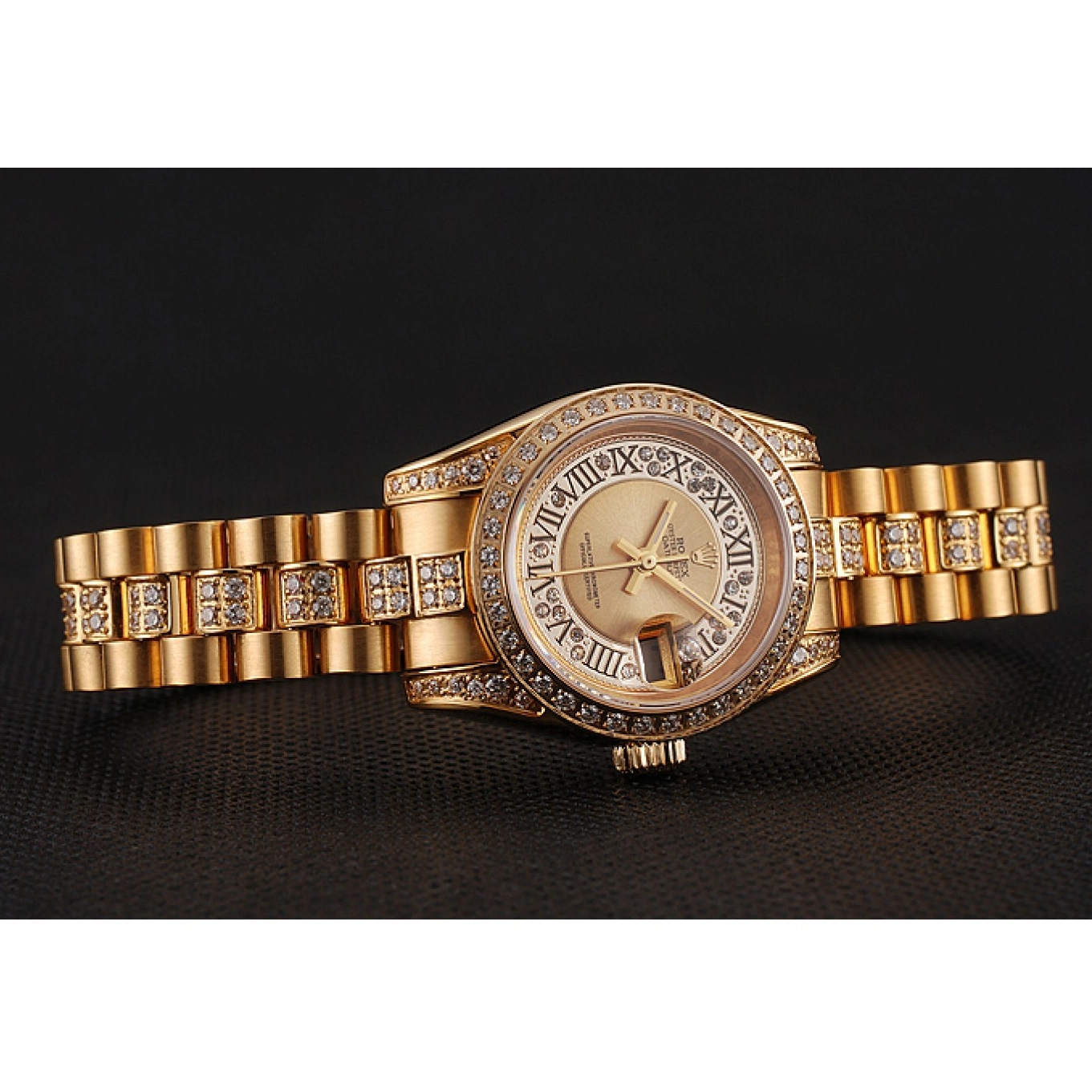 Aaa replica Rolex DayJust Pave Diamond Dial Gold Diamond 1453953 Gold Bracelet Swiss 0705